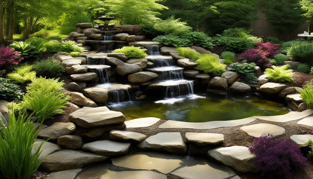 Landscape design with a pond and waterfall